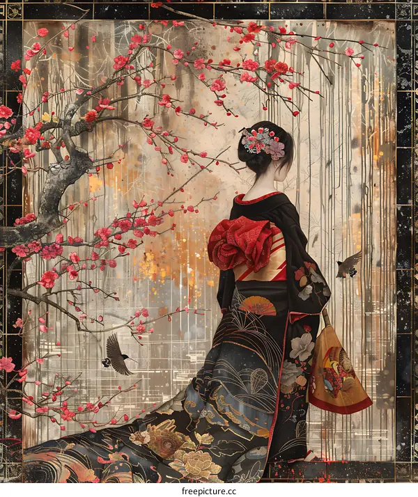 A woman in a kimono standing under a cherry blossom tree