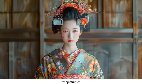 Portrait of a Japanese woman wearing a kimono