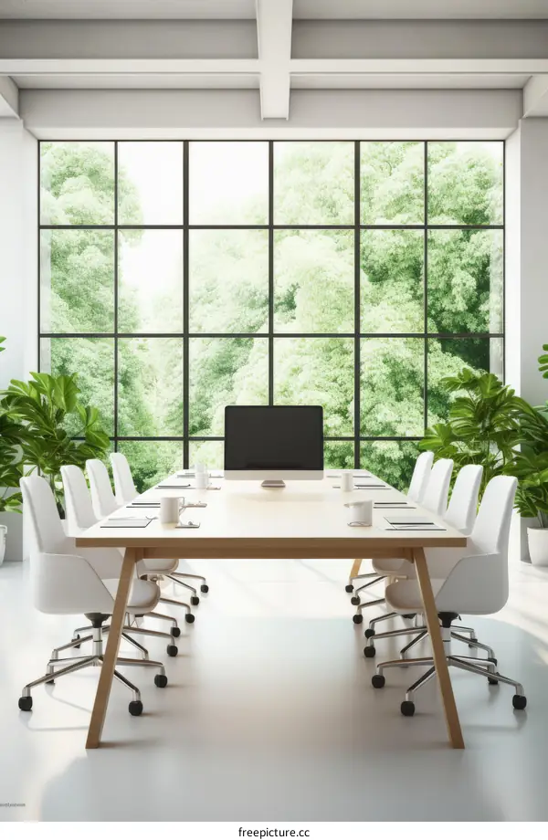A conference room with a large window looking out onto a forest