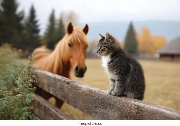 Rustic Countryside Scene with Horse and Kitten
