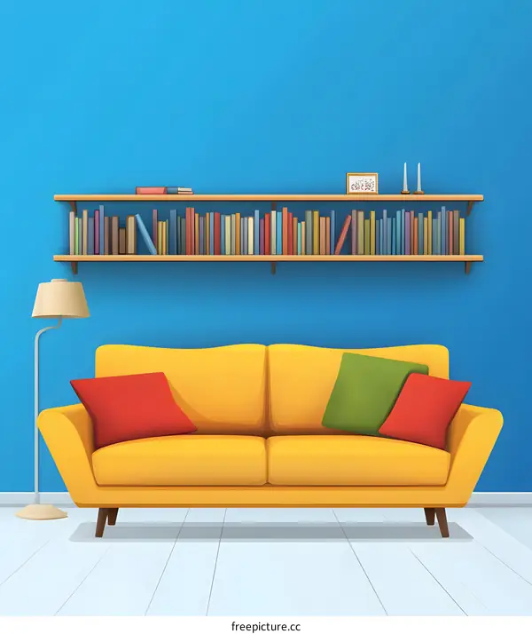 Yellow Sofa and Book Shelf in Living Room Illustration