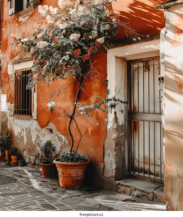 Old Orange Building With Flowers And Door