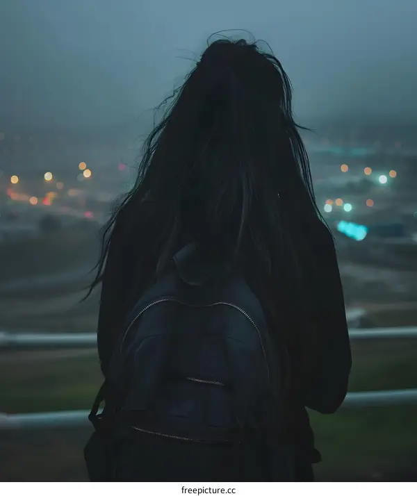 Woman Standing with Backpack Facing Away from Camera
