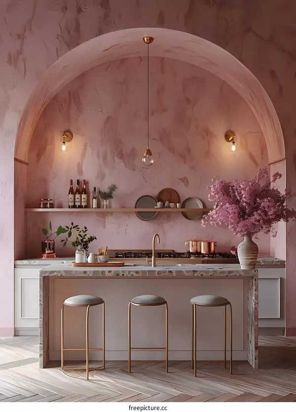Pink Kitchen Island with Gold Stools and Archway