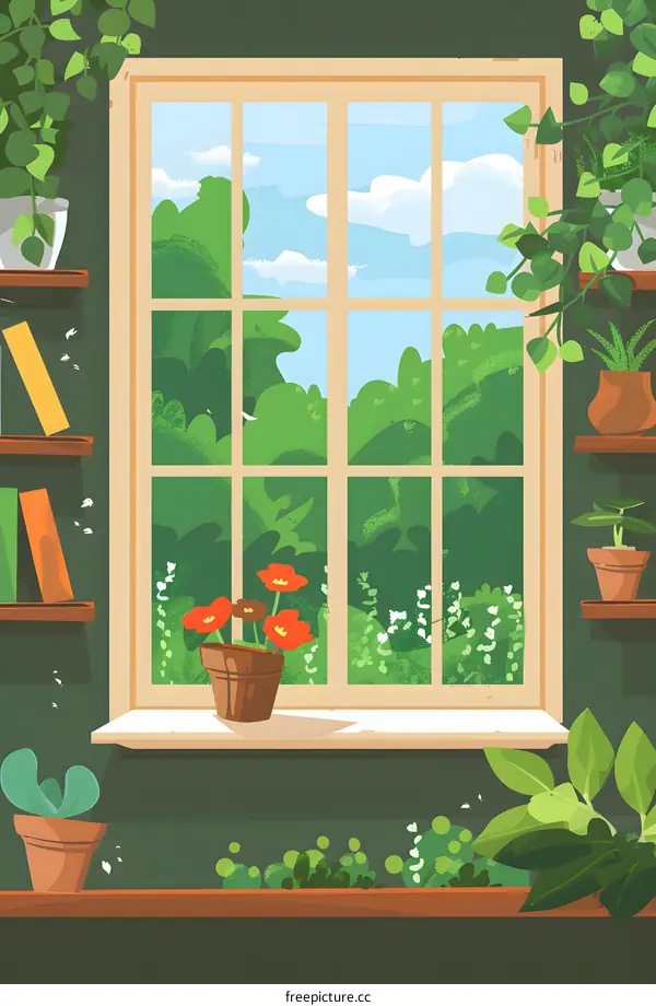 Window with Flowers and Plants in Green Room