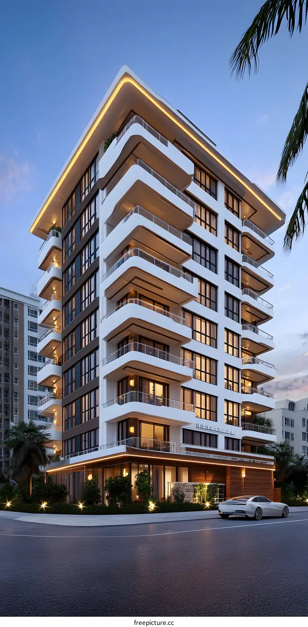 Modern Luxury Apartment Building with Balcony and Palm Trees