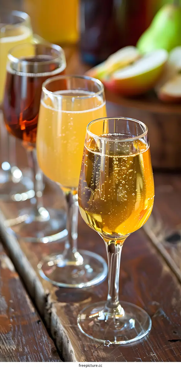Four Glasses of Apple Cider with Bubbles