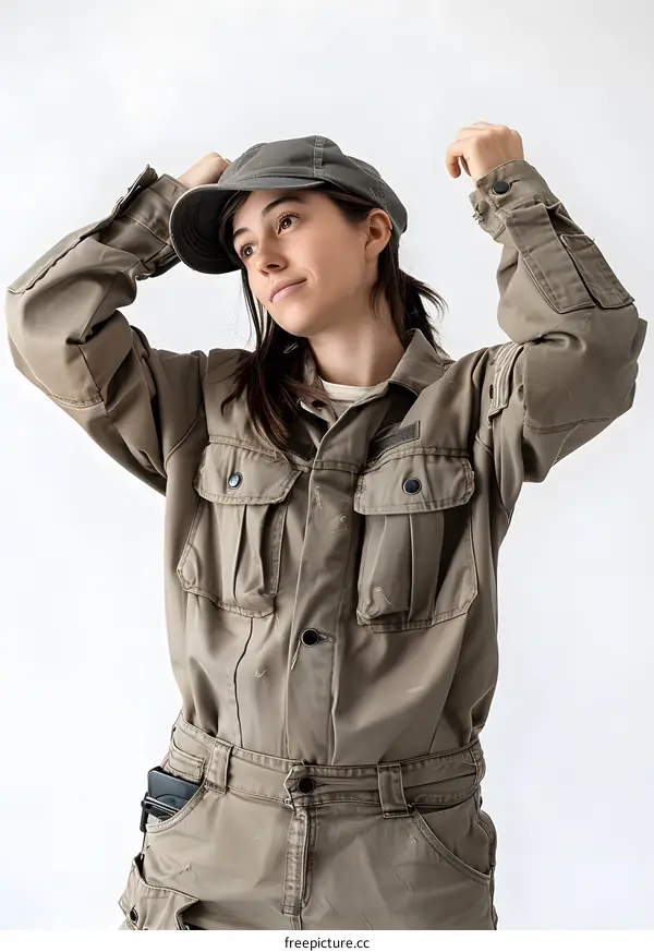 portrait of a young woman wearing an olive drab military style jumpsuit and cap