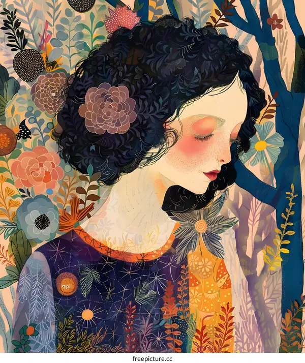 Woman in a Floral Garden with Closed Eyes Illustration