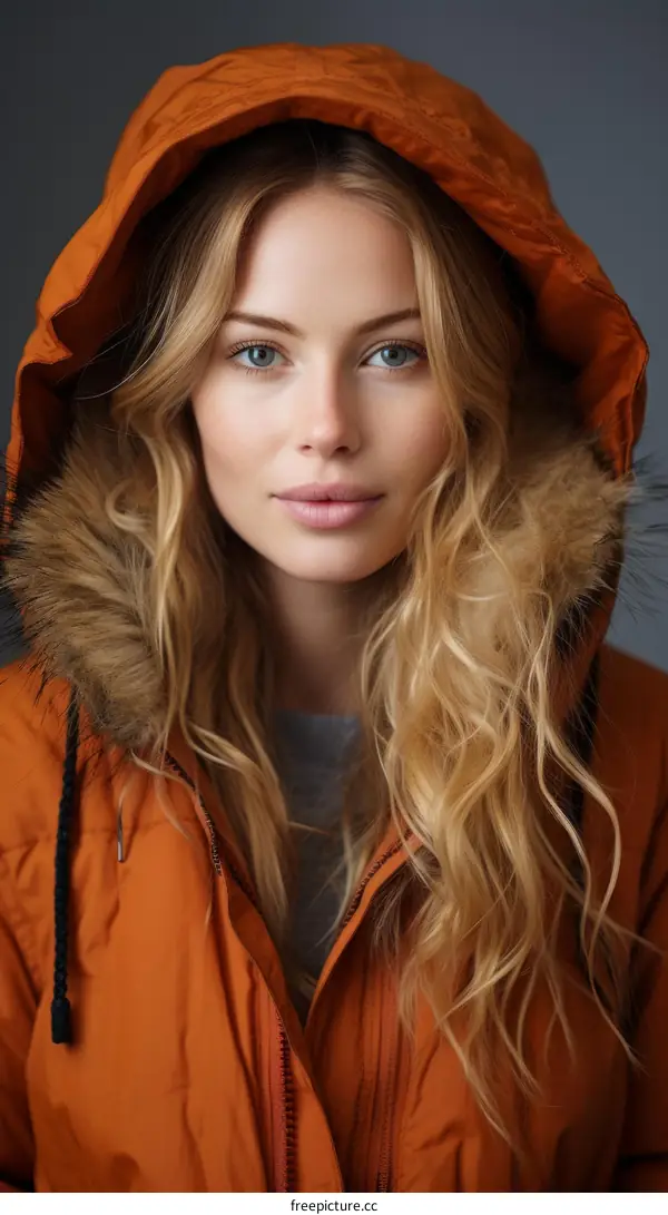 Beautiful Young Woman in Winter Coat with Fur Hood