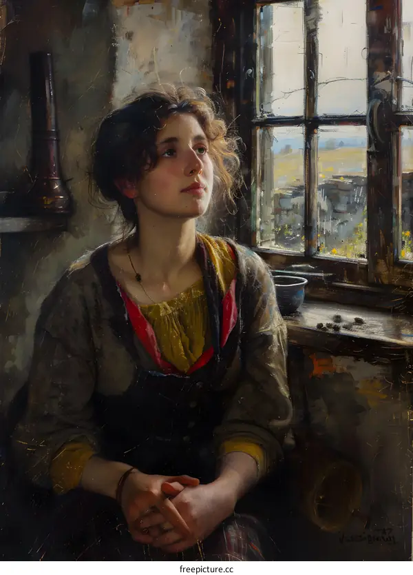 An oil painting of a peasant girl looking out the window