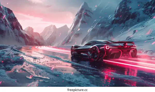 A sleek black sports car speeds through a snowy mountain pass.