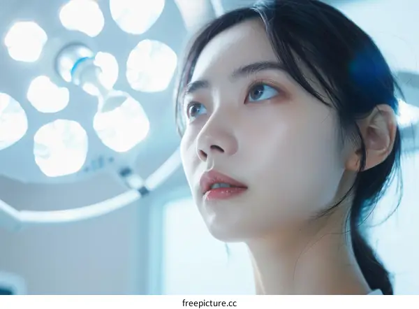 Asian young woman looking at the surgical light in the operating room