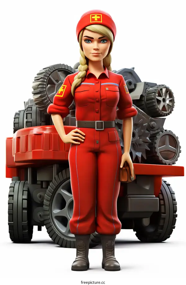 mechanic woman with a tool bag standing in front of a red truck