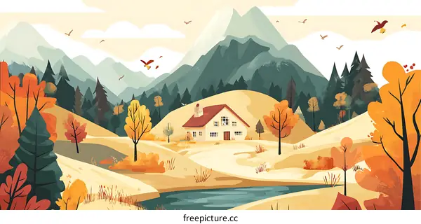 Autumn Landscape with House, Mountains, and Lake