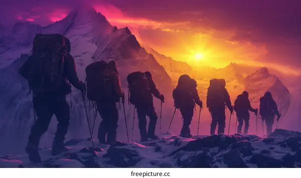 A group of mountaineers ascend a steep snow slope in the Himalayas.