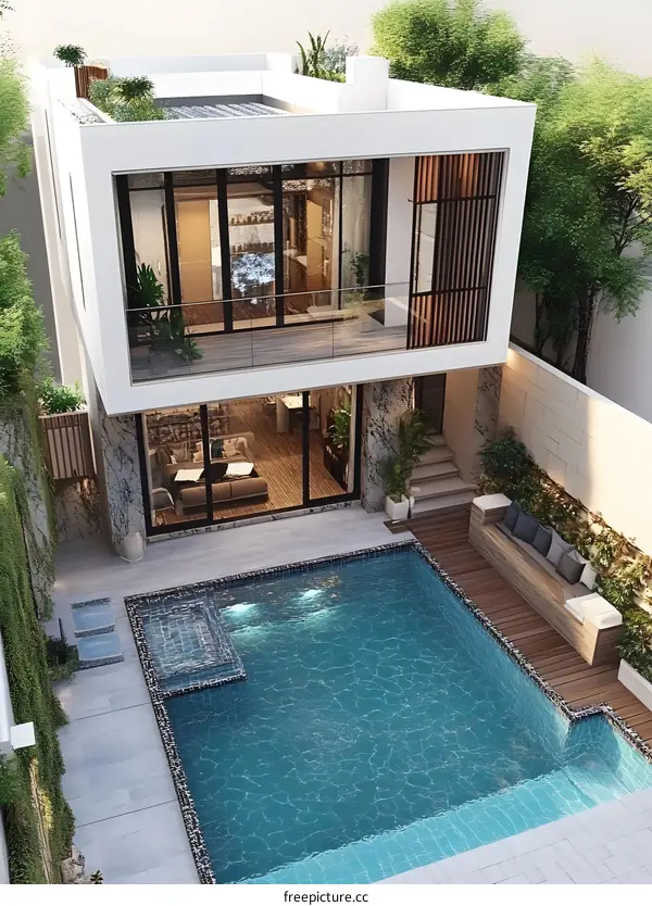Modern House with Pool and Green Plants