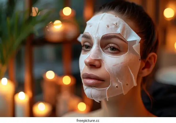 Close-up of a young woman with a facial mask on