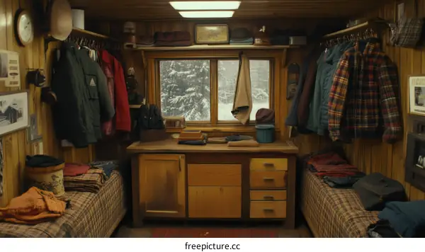 Small Wooden Cabin Interior with Winter Clothing