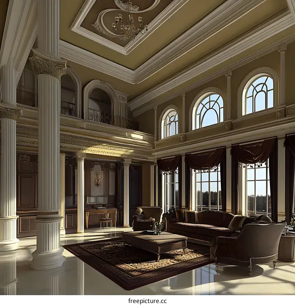 Luxury Living Room Interior Design With Elegant Furniture And Large Windows