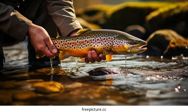 A fisherman holds a brown trout in his hands