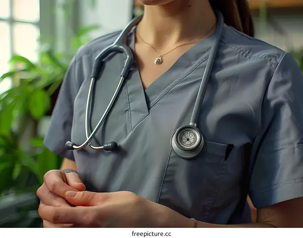 A female doctor in a gray uniform with a stethoscope around her neck