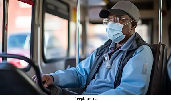 Black bus driver wearing a mask