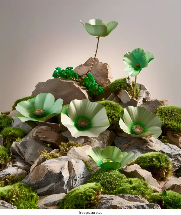 Abstract Green Flowers on Rocks and Moss