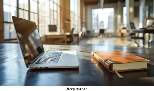 Laptop and Leather-Bound Book on a Wooden Desk in a Modern Office