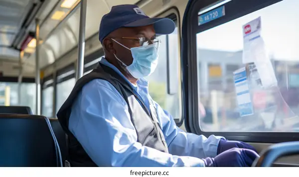A bus driver wearing a mask and gloves