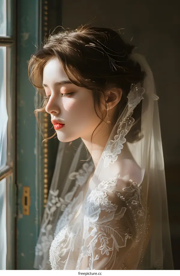 A bride with a beautiful headpiece and long white veil