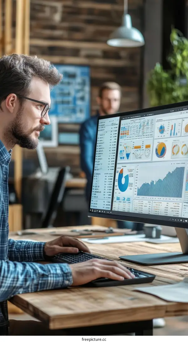 Focused Caucasian Businessman Analyzing Data on Computer