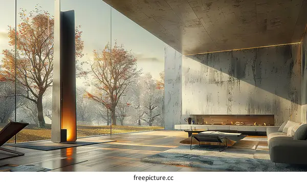 Modern house interior with large windows and minimalist furniture