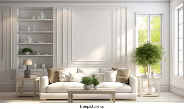 Modern White Living Room with Large Windows and Greenery