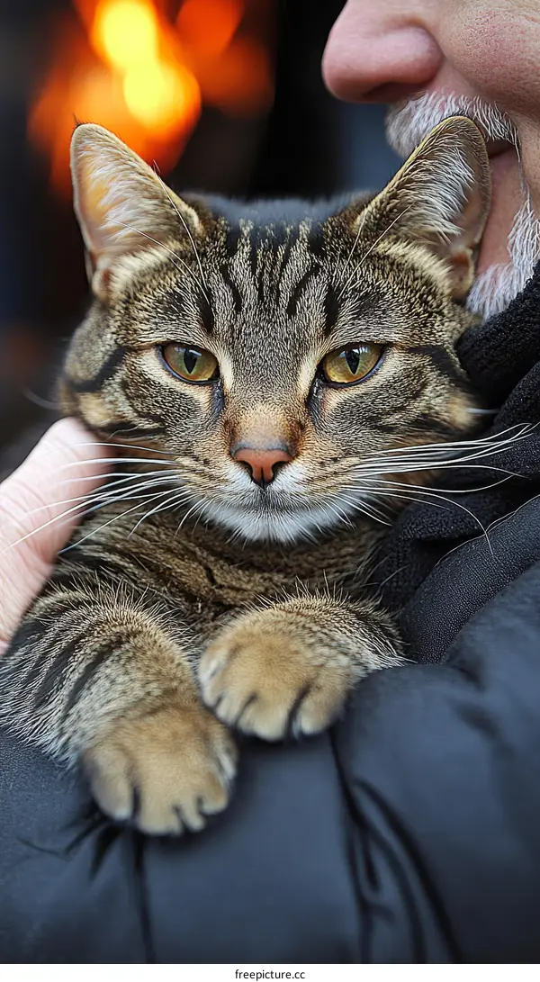 A Man Holds a Tabby Cat Closely