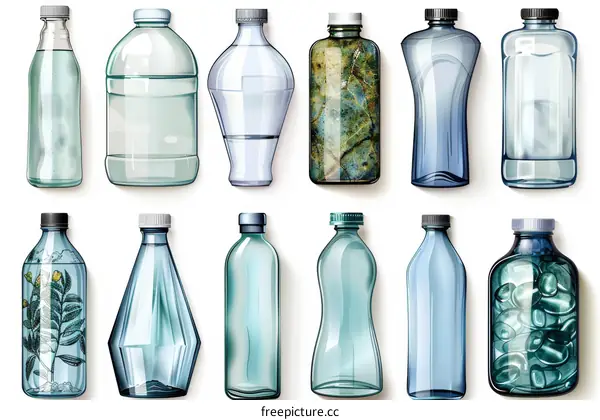 A variety of glass and plastic bottles of different shapes and sizes