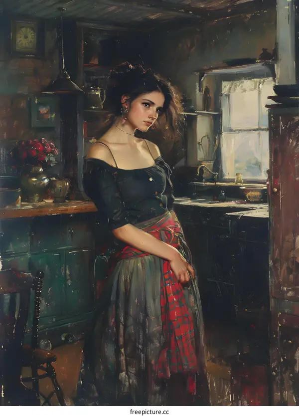 An oil painting of a young woman standing in a kitchen.