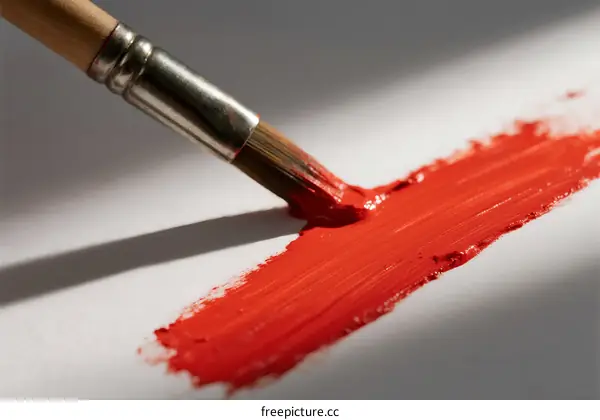 A paintbrush applying vibrant red paint on a white surface