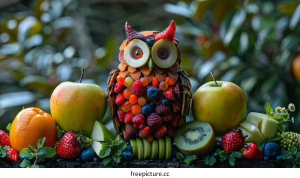 A whimsical owl sculpture made of fruits and vegetables