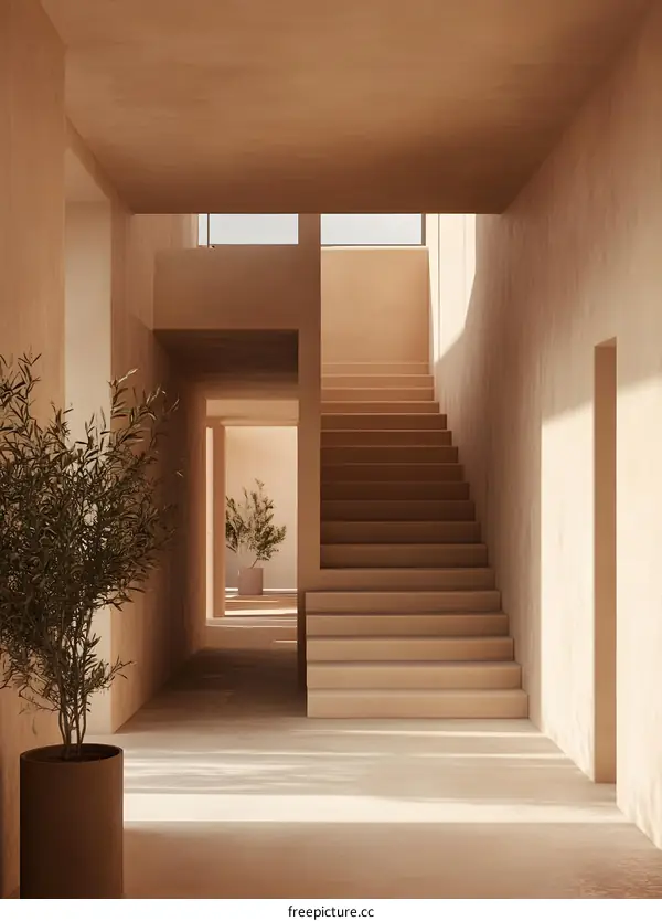 Minimalist Interior Design with Beige Walls and a Staircase