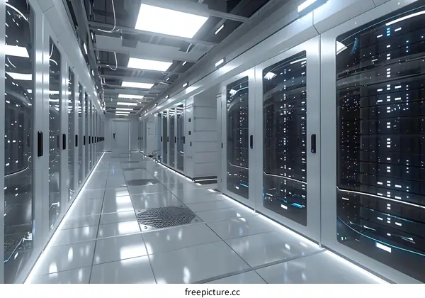 Futuristic server room with rows of supercomputers