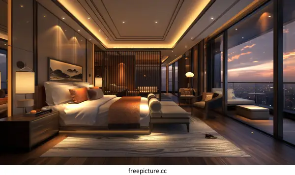 Modern Cozy Bedroom with City Night View