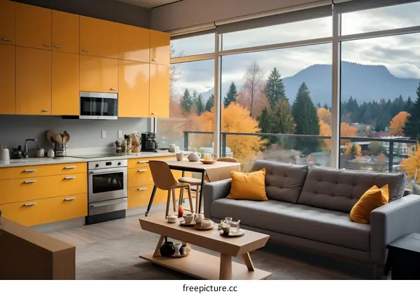 Modern Kitchen with Yellow Cabinets and Gray Sofa