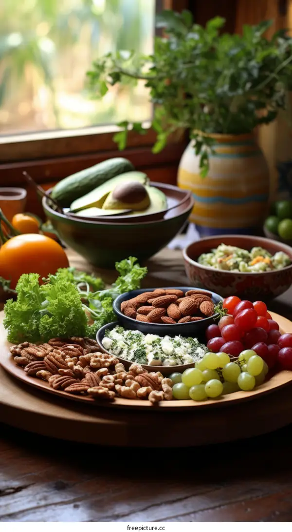 A wooden plate full of healthy food including fruits, vegetables, and nuts