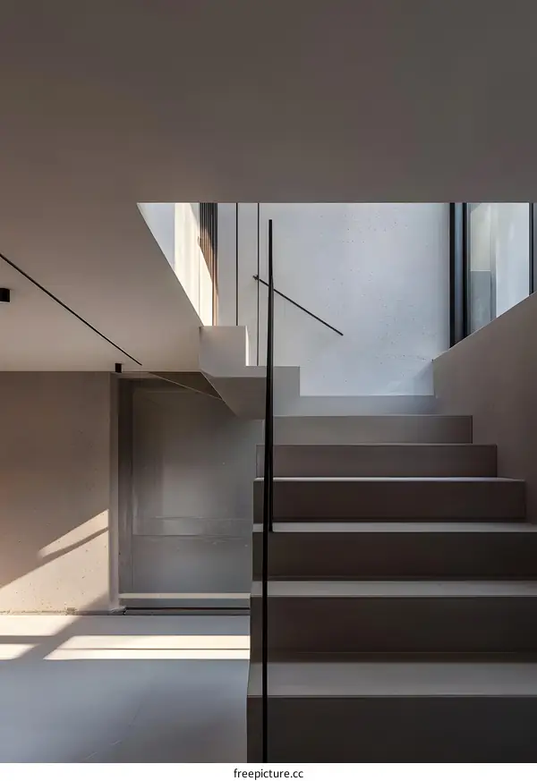 Modern Concrete Staircase with Black Railing in Contemporary House