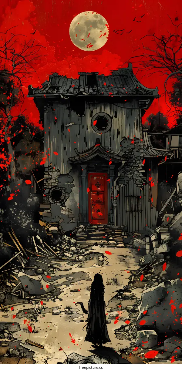 A girl standing in front of a haunted house