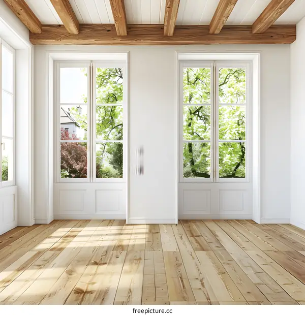 Empty Room With Wooden Beams And Large Windows
