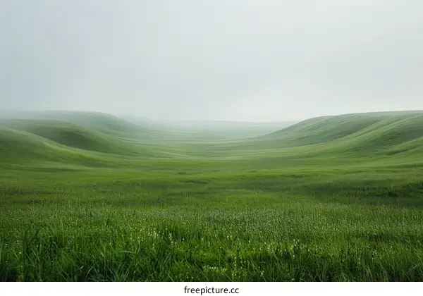 Vast rolling green hills under a bright white sky