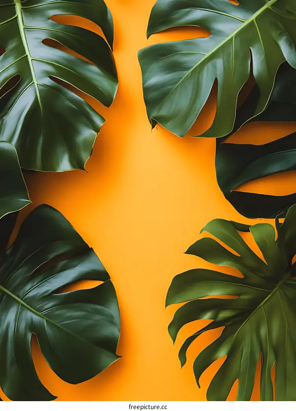 Green Monstera Leaves on Orange Background