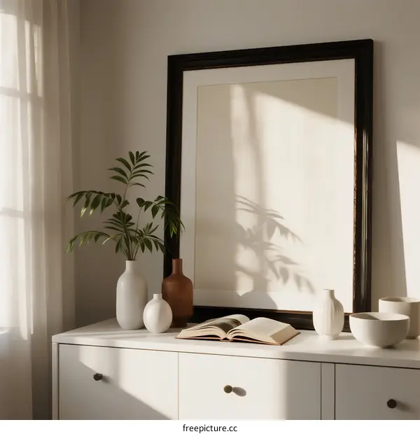 Minimalist white cabinet with plants and framed picture in bright room